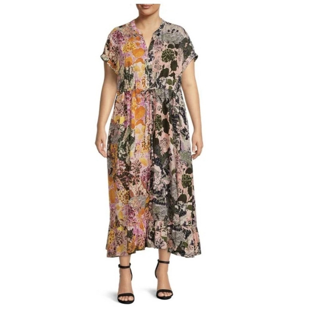 Terra & Sky Boho Floral midi Dress Drawstring Waist Mandarin Collar Size 1X NWT